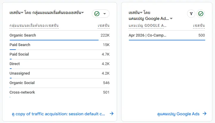 รายงาน GA4 แสดง Organic Search 222K เซสชัน เทียบกับ Paid Search 15K เซสชัน และข้อมูลแคมเปญ Google Ads